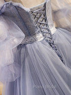 Gray Blue A-Line Tulle Lace Long Formal Prom Dresses, Gray Blue Formal Graduation Dresses