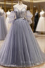 Gray Blue A-Line Tulle Lace Long Formal Prom Dresses, Gray Blue Formal Graduation Dresses