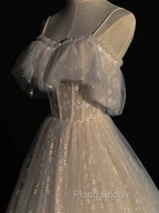 Gray blue/champagne Tulle Long Formal Prom Dresses, Tulle Formal Graduation Dresses