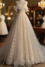 Gray blue/champagne Tulle Long Formal Prom Dresses, Tulle Formal Graduation Dresses