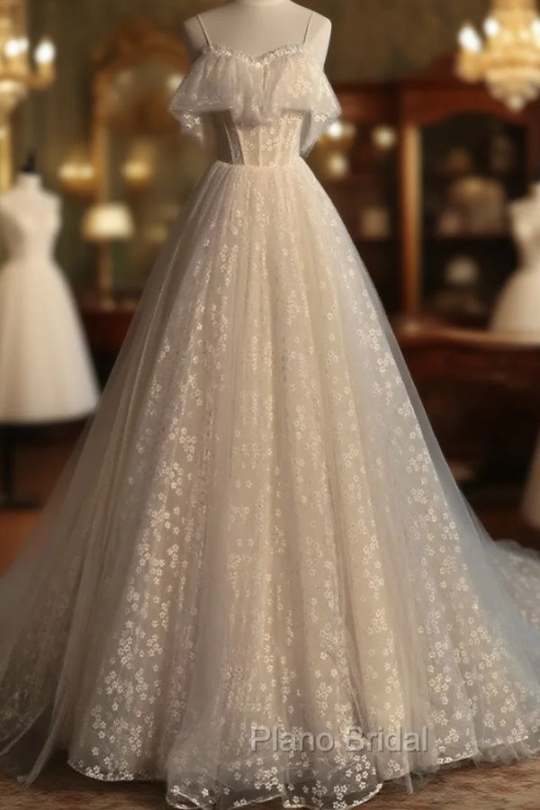 Gray blue/champagne Tulle Long Formal Prom Dresses, Tulle Formal Graduation Dresses