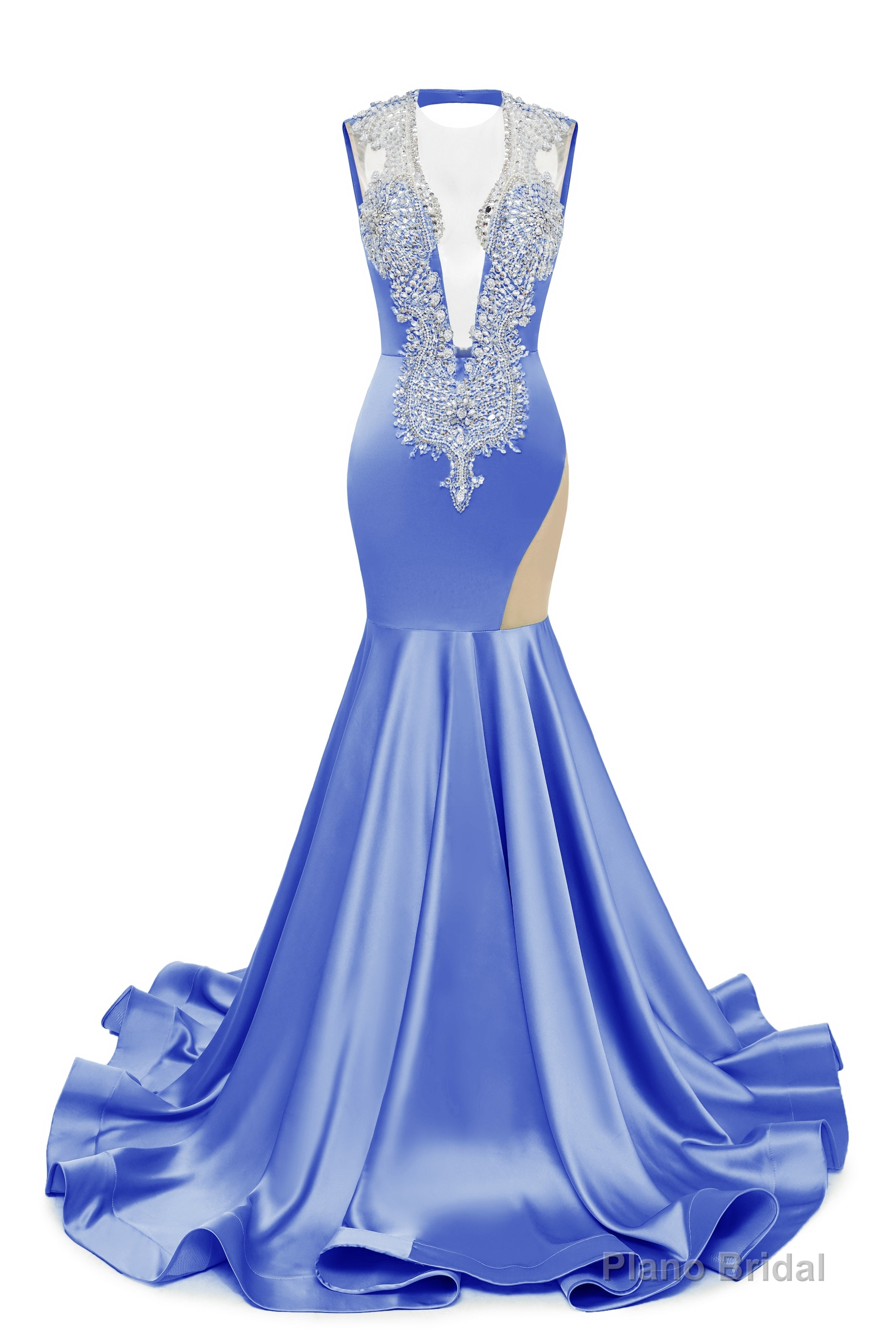 Gray Blue Deep V Neck Mermaid Satin Prom Dresses Sparkly Beaded Pageant Crystals Evening Formal Dresses Main image