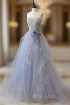 Gray Blue Lace Long Formal Prom Dresses, Strapless Evening Party Dresses