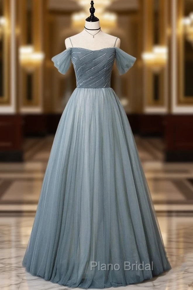 Gray Blue Spaghetti Strap Tulle Floor Length Formal Prom Dresses, Off Shoulder Evening Party Dresses Main image