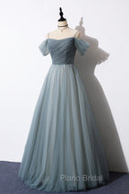 Gray Blue Spaghetti Strap Tulle Floor Length Formal Prom Dresses, Off Shoulder Evening Party Dresses