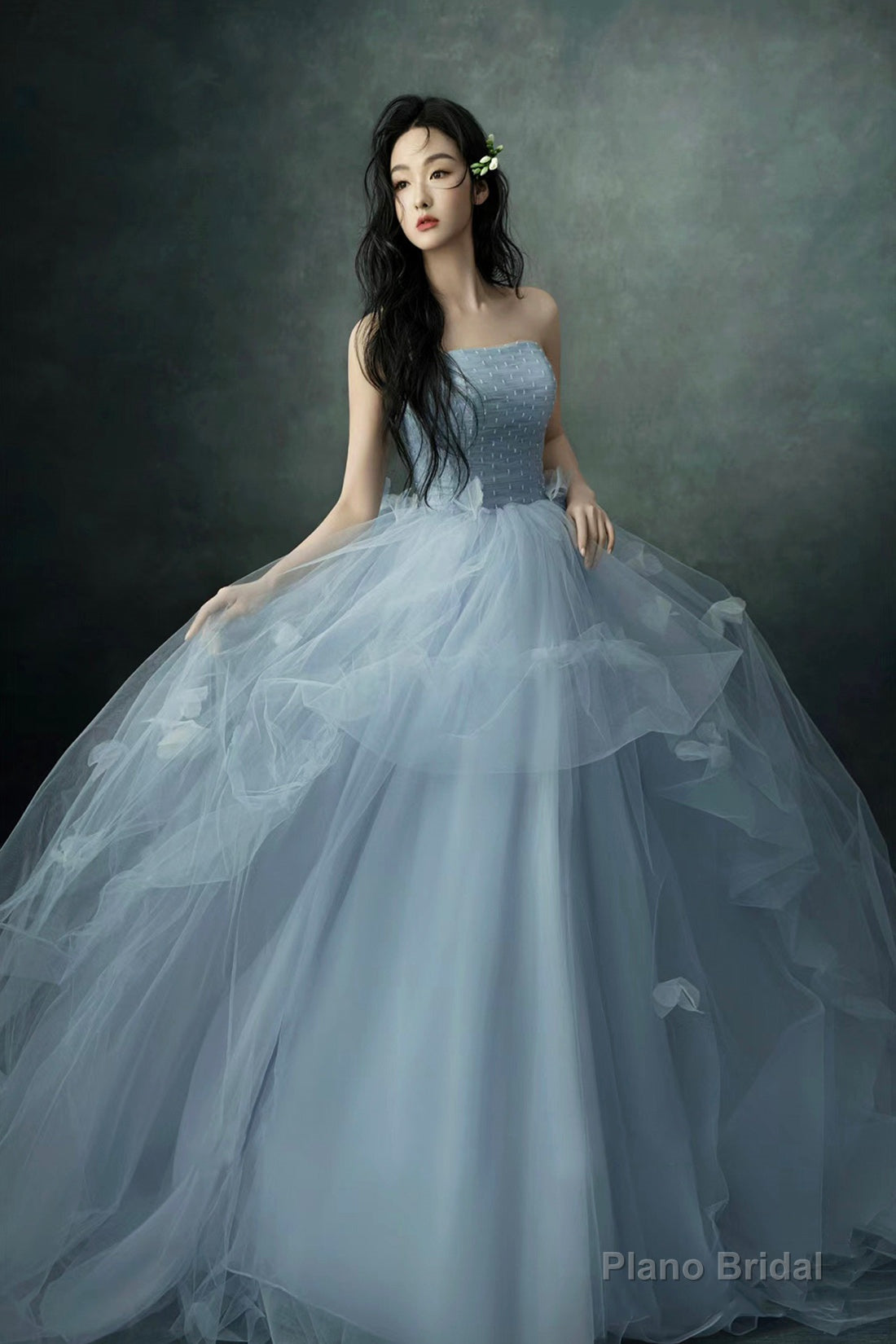Gray Blue Strapless Tulle Long Prom Dress, Beautiful A-Line Evening Party Dress Main image