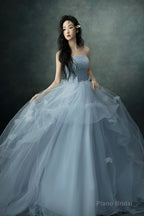 Gray Blue Strapless Tulle Long Prom Dress, Beautiful A-Line Evening Party Dress