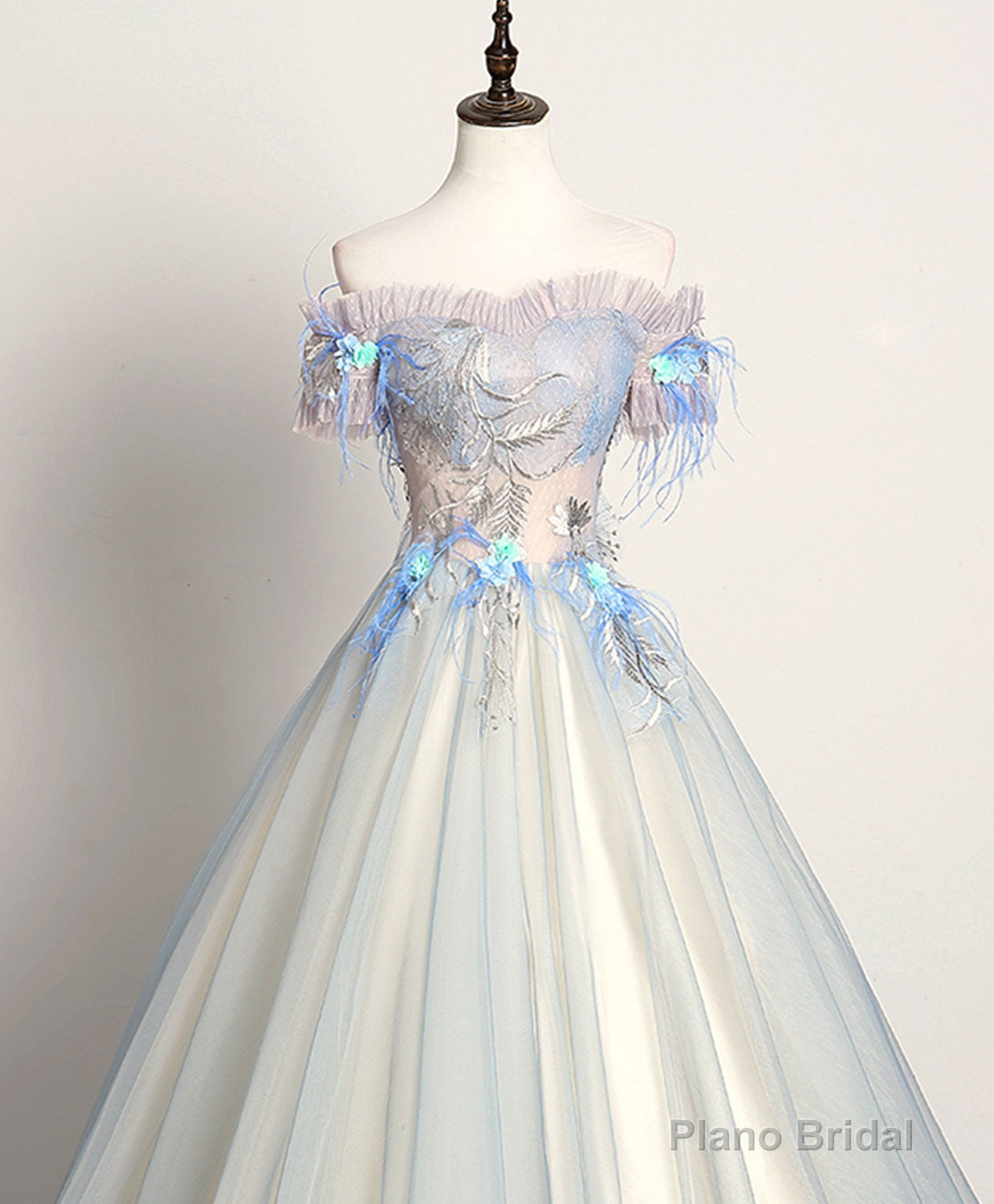 Gray Blue Sweetheart Lace Long Prom Dress, Gray Blue Tulle Evening Dress