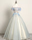 Gray Blue Sweetheart Lace Long Prom Dress, Gray Blue Tulle Evening Dress