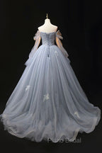 Gray Blue Tulle Floor Length Formal Prom Dresses, Elegant Long Sleeve Formal Evening Dresses