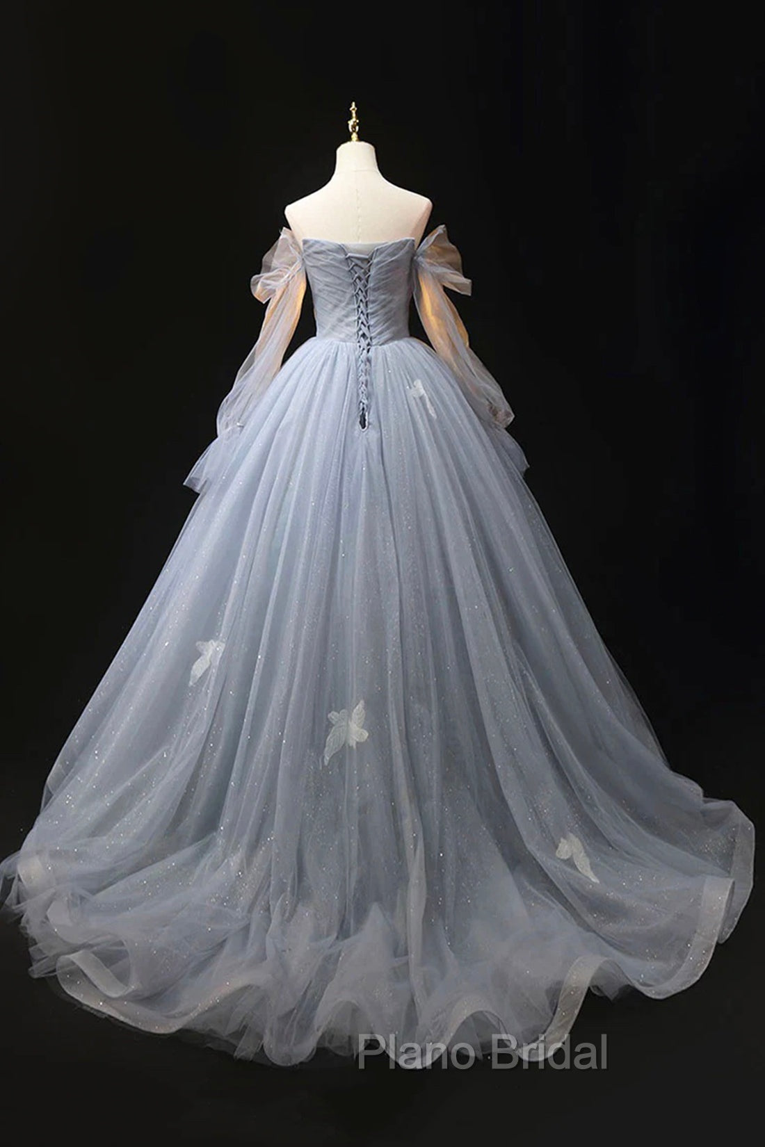 Gray Blue Tulle Floor Length Formal Prom Dresses, Elegant Long Sleeve Formal Evening Dresses