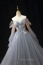 Gray Blue Tulle Floor Length Formal Prom Dresses, Elegant Long Sleeve Formal Evening Dresses