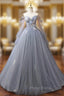 Gray Blue Tulle Floor Length Formal Prom Dresses, Elegant Long Sleeve Formal Evening Dresses