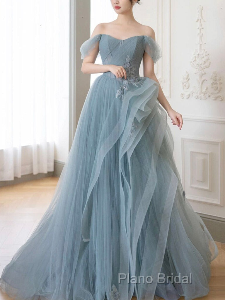 Gray Blue Tulle Lace Long Formal Prom Dresses, Gray Blue Formal Dresses