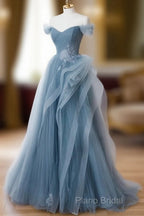 Gray Blue Tulle Lace Long Formal Prom Dresses, Gray Blue Formal Dresses