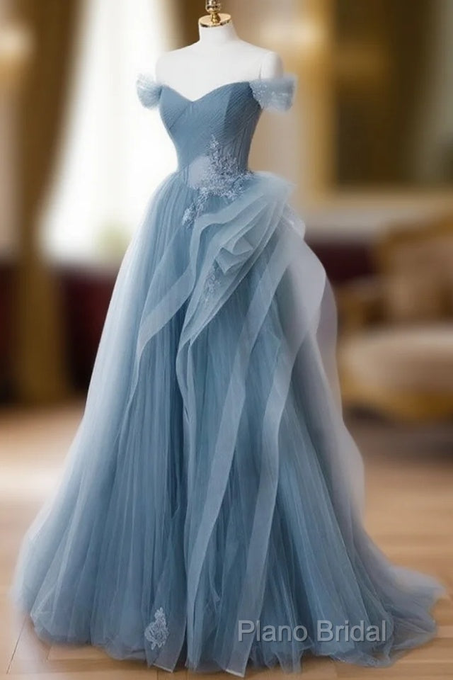 Gray Blue Tulle Lace Long Formal Prom Dresses, Gray Blue Formal Dresses