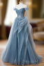 Gray Blue Tulle Lace Long Formal Prom Dresses, Gray Blue Formal Dresses