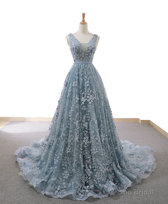 Gray Blue Tulle Lace Long Prom Dress Gray Blue Lace Evening Dress Secondary image