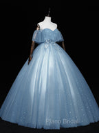 Gray Blue Tulle Lace Long Formal Prom Dresses, Gray Blue Tulle Evening Dresses