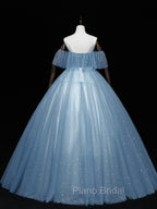 Gray Blue Tulle Lace Long Formal Prom Dresses, Gray Blue Tulle Evening Dresses