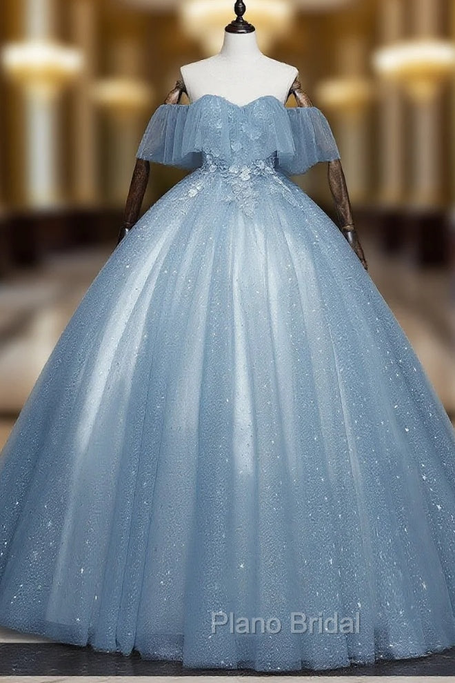 Gray Blue Tulle Lace Long Formal Prom Dresses, Gray Blue Tulle Evening Dresses Main image