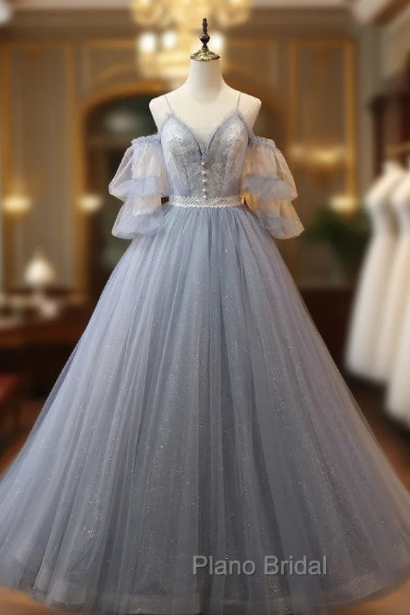 Gray Blue Tulle Lace Short Sleeve Formal Prom Dresses Main image