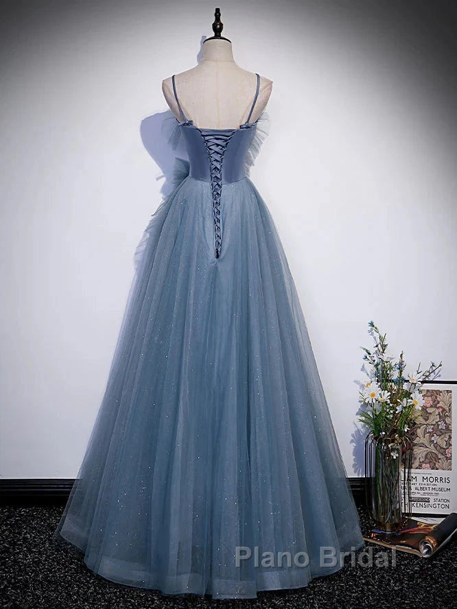 Gray Blue Tulle Long Formal Prom Dresses A Line Evening Dresses Formal Dresses December Wedding Guest Dresses