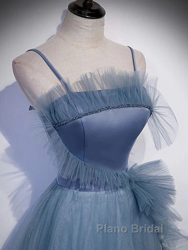 Gray Blue Tulle Long Formal Prom Dresses A Line Evening Dresses Formal Dresses December Wedding Guest Dresses