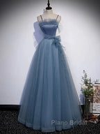 Gray Blue Tulle Long Formal Prom Dresses A Line Evening Dresses Formal Dresses December Wedding Guest Dresses