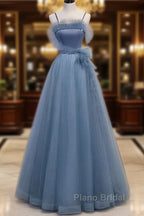 Gray Blue Tulle Long Formal Prom Dresses A Line Evening Dresses Formal Dresses December Wedding Guest Dresses