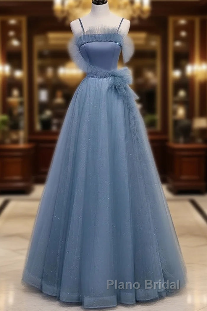 Gray Blue Tulle Long Formal Prom Dresses A Line Evening Dresses Formal Dresses December Wedding Guest Dresses Main image
