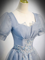 Gray Blue Tulle Long Formal Prom Dresses, Gray Blue Tulle Formal Evening Dresses