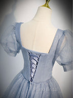 Gray Blue Tulle Long Formal Prom Dresses, Gray Blue Tulle Formal Evening Dresses