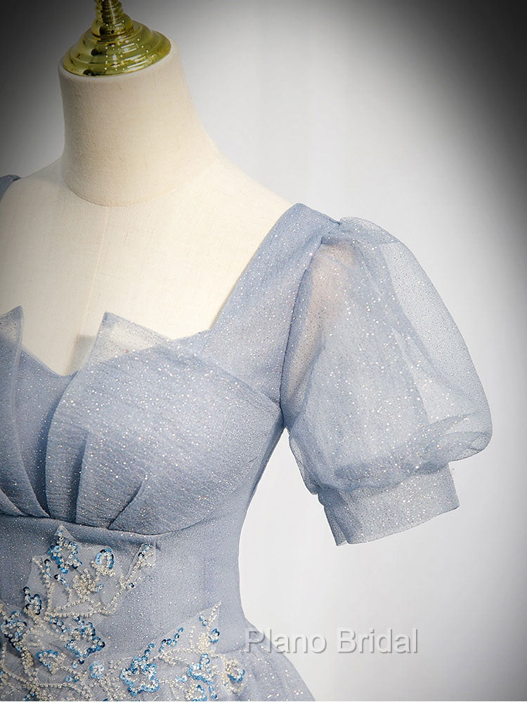 Gray Blue Tulle Long Formal Prom Dresses, Gray Blue Tulle Formal Evening Dresses