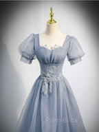 Gray Blue Tulle Long Formal Prom Dresses, Gray Blue Tulle Formal Evening Dresses