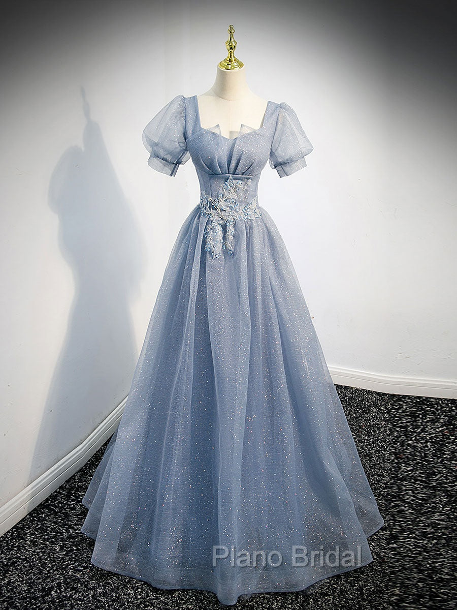 Gray Blue Tulle Long Formal Prom Dresses, Gray Blue Tulle Formal Evening Dresses