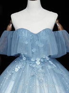 Gray Blue Tulle Off Shoulder Long Formal Prom Dresses, Blue Tulle Formal Dresses