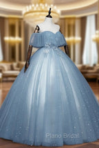 Gray Blue Tulle Off Shoulder Long Formal Prom Dresses, Blue Tulle Formal Dresses
