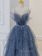 Gray Blue Tulle Sequin Beads Long Formal Prom Dresses, Blue Evening Dresses