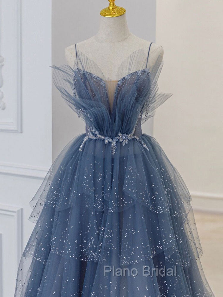 Gray Blue Tulle Sequin Beads Long Formal Prom Dresses, Blue Evening Dresses Secondary image
