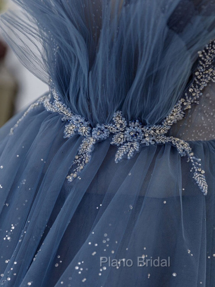 Gray Blue Tulle Sequin Beads Long Formal Prom Dresses, Blue Evening Dresses
