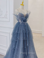 Gray Blue Tulle Sequin Beads Long Formal Prom Dresses, Blue Evening Dresses