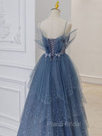 Gray Blue Tulle Sequin Beads Long Formal Prom Dresses, Blue Evening Dresses