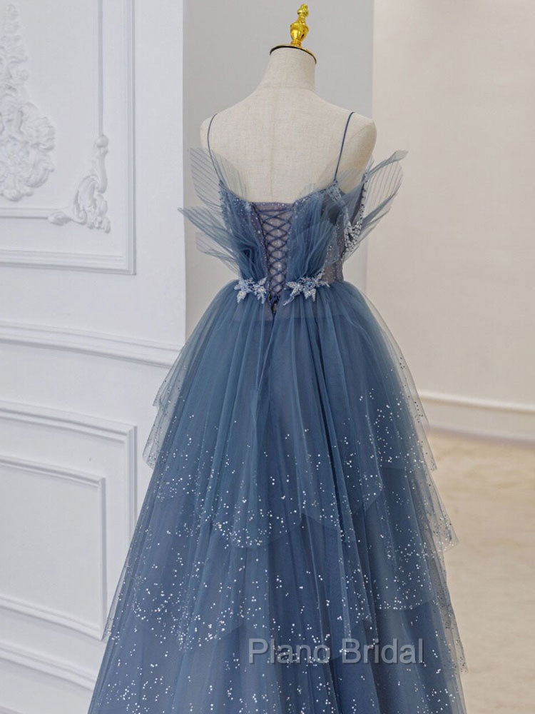 Gray Blue Tulle Sequin Beads Long Formal Prom Dresses, Blue Evening Dresses