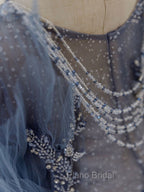 Gray Blue Tulle Sequin Beads Long Formal Prom Dresses, Blue Evening Dresses