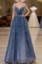 Gray Blue Tulle Sequin Beads Long Formal Prom Dresses, Blue Evening Dresses