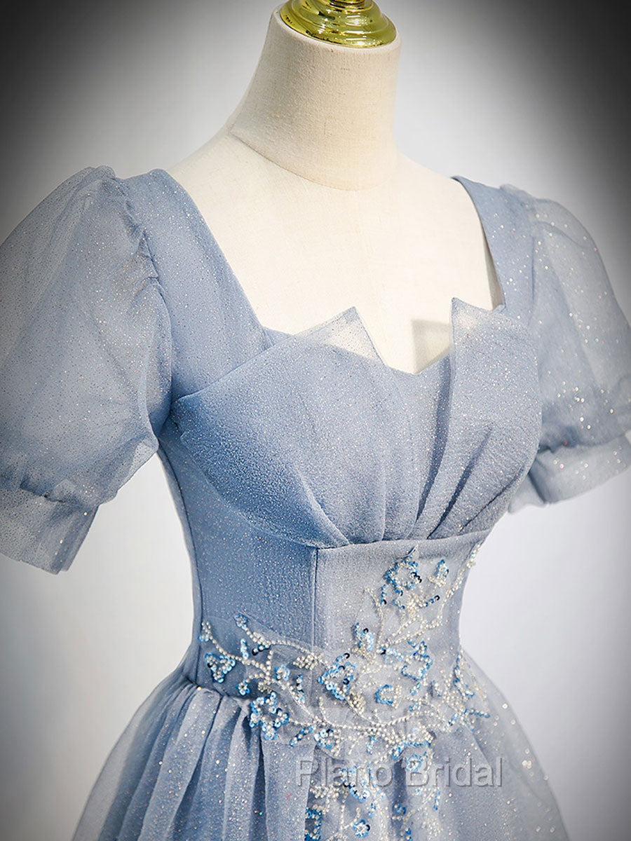 Gray Blue Tulle Sequin Long Formal Prom Dresses, Gray Blue Evening Dresses