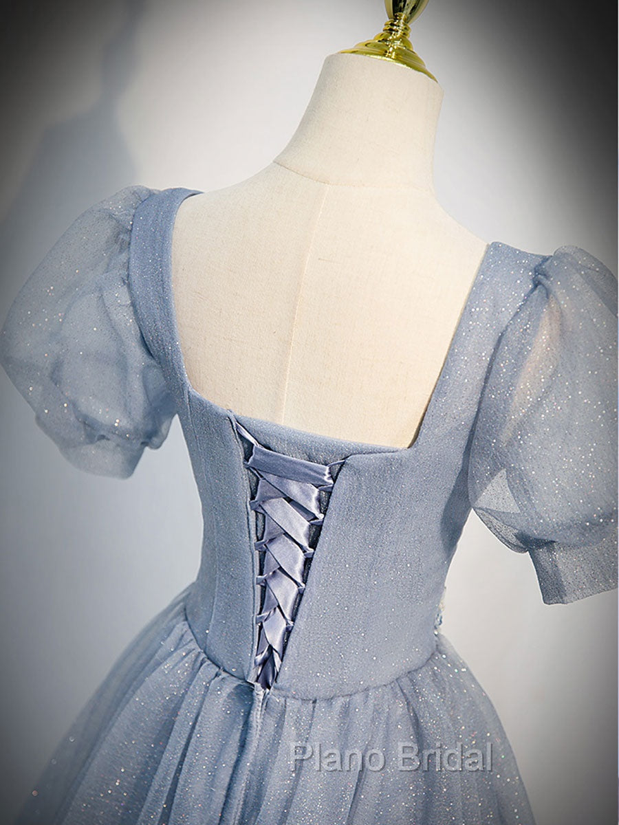 Gray Blue Tulle Sequin Long Formal Prom Dresses, Gray Blue Evening Dresses