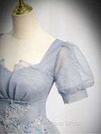 Gray Blue Tulle Sequin Long Formal Prom Dresses, Gray Blue Evening Dresses