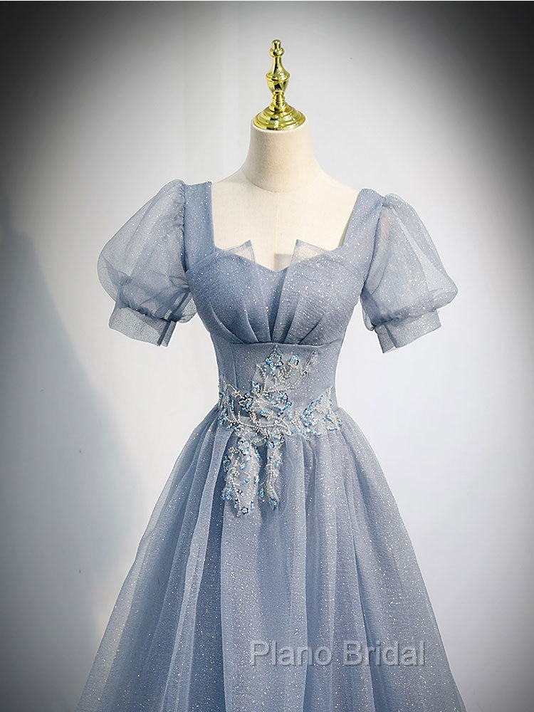 Gray Blue Tulle Sequin Long Formal Prom Dresses, Gray Blue Evening Dresses